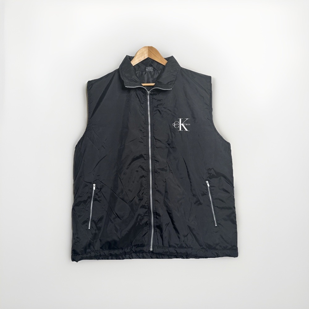 Calvin Klein Black Zip Up Nylon Windbreaker Vest Black Zip Pocket Men's SZ- L/XL